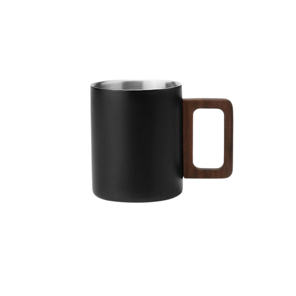 Stainless Steel Travel Mug Coffee Cup – Double Wall with Wooden Handle